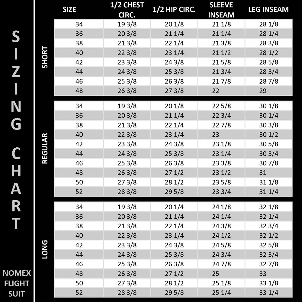 Fr Coveralls Size Chart