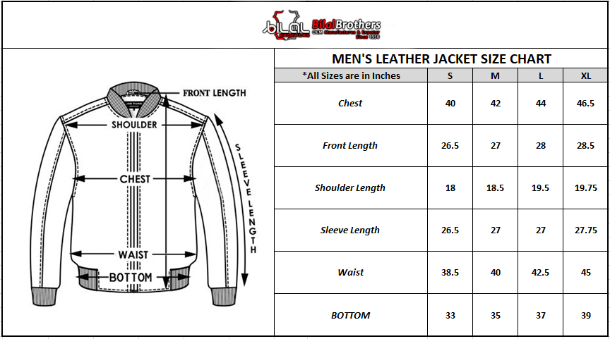 Bomber Leather Jacket Size Chart | Mens Leather Jacket | Bilal Brothers